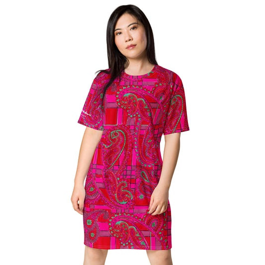 Bright Fuscia and Red Poppy Paisley on Plaid T-shirt dress