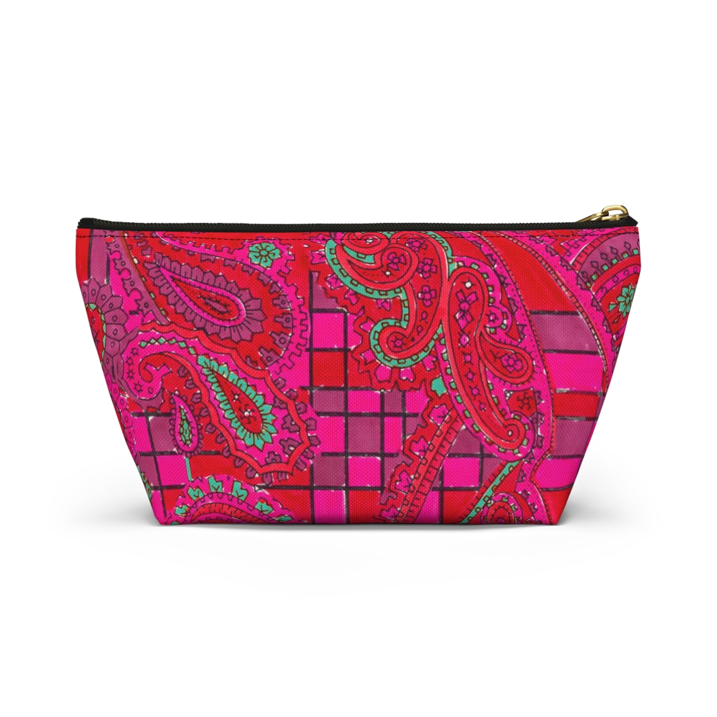 Bright Fuscia and Red Poppy Paisley on Plaid Accessory Pouch w T-bottom