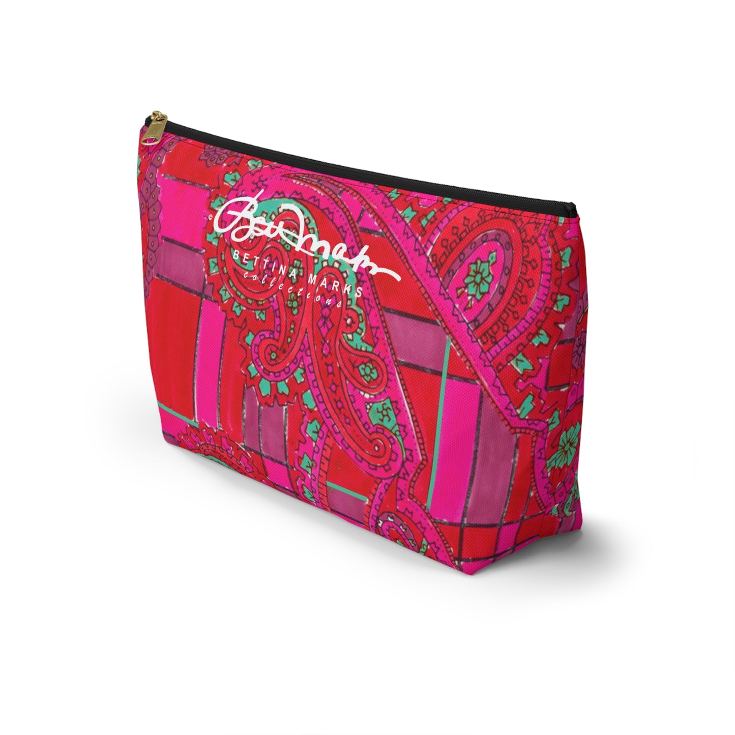 Bright Fuscia and Red Poppy Paisley on Plaid Accessory Pouch w T-bottom