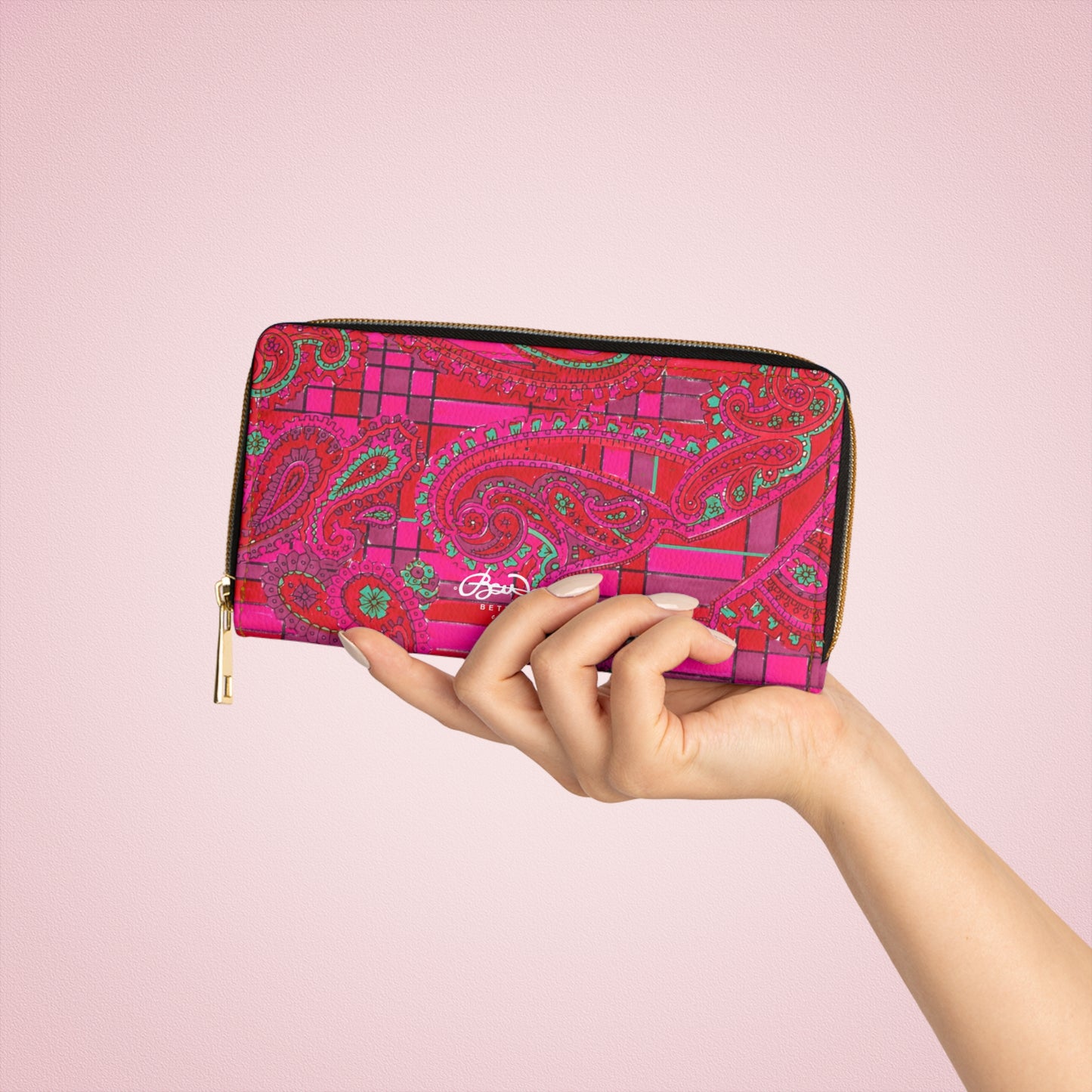 Bright Fuscia and Red Poppy Paisley on Plaid Zipper Wallet