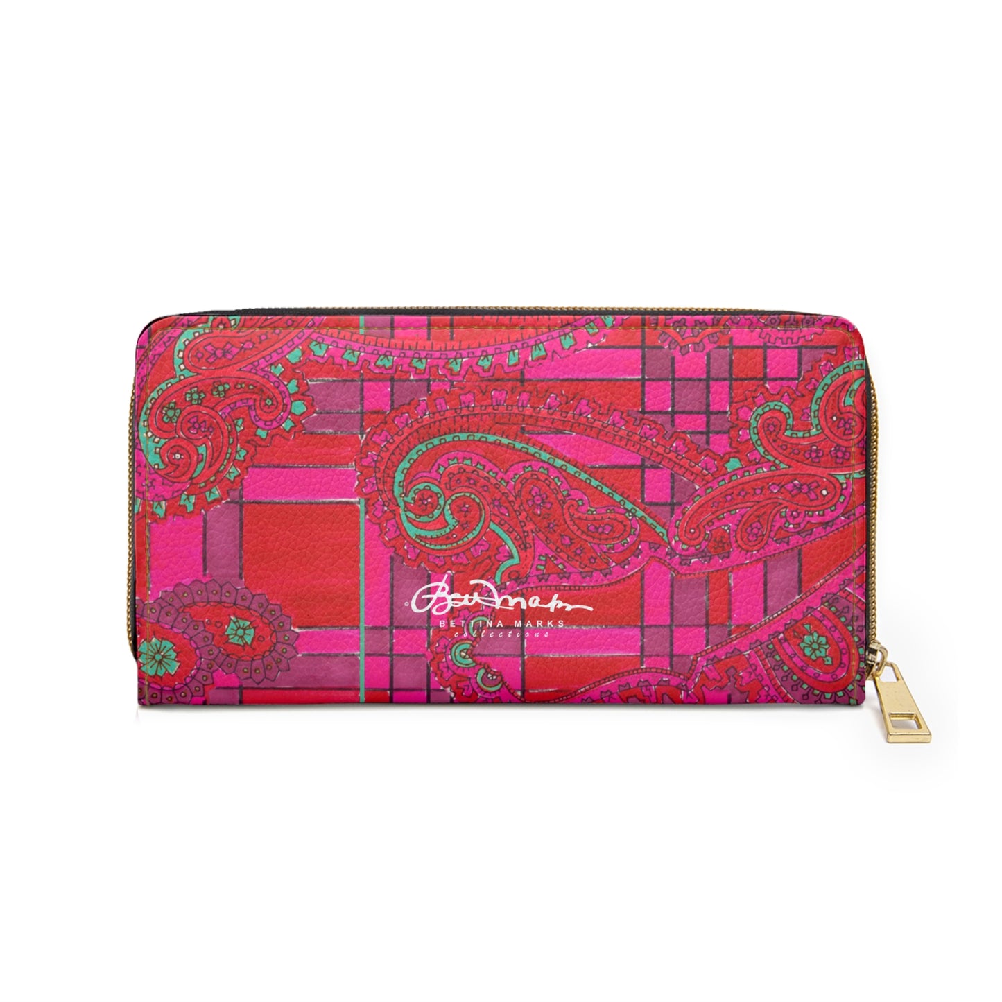 Bright Fuscia and Red Poppy Paisley on Plaid Zipper Wallet