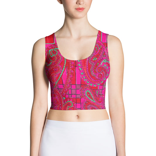 Bright Fuscia and Red Poppy Paisley on Plaid Crop Top