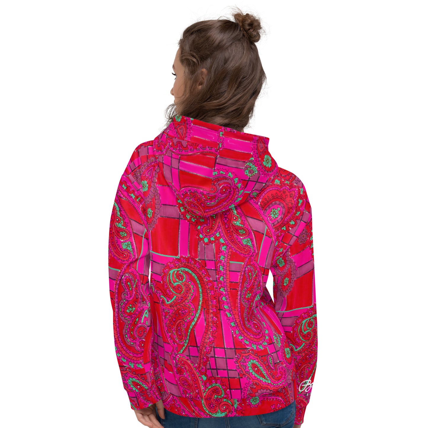 Recycled Unisex Hoodie - Bright Fuscia and Red Poppy Paisley on Plaid - Women