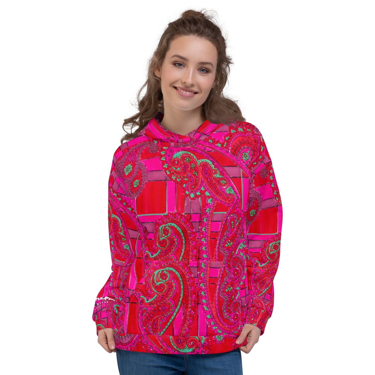 Recycled Unisex Hoodie - Bright Fuscia and Red Poppy Paisley on Plaid - Women