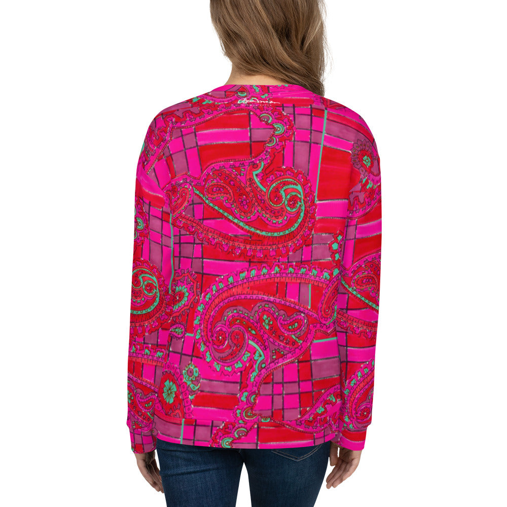 Recycled Unisex Sweatshirt - Bright Fuscia and Red Poppy Paisley on Plaid - Women