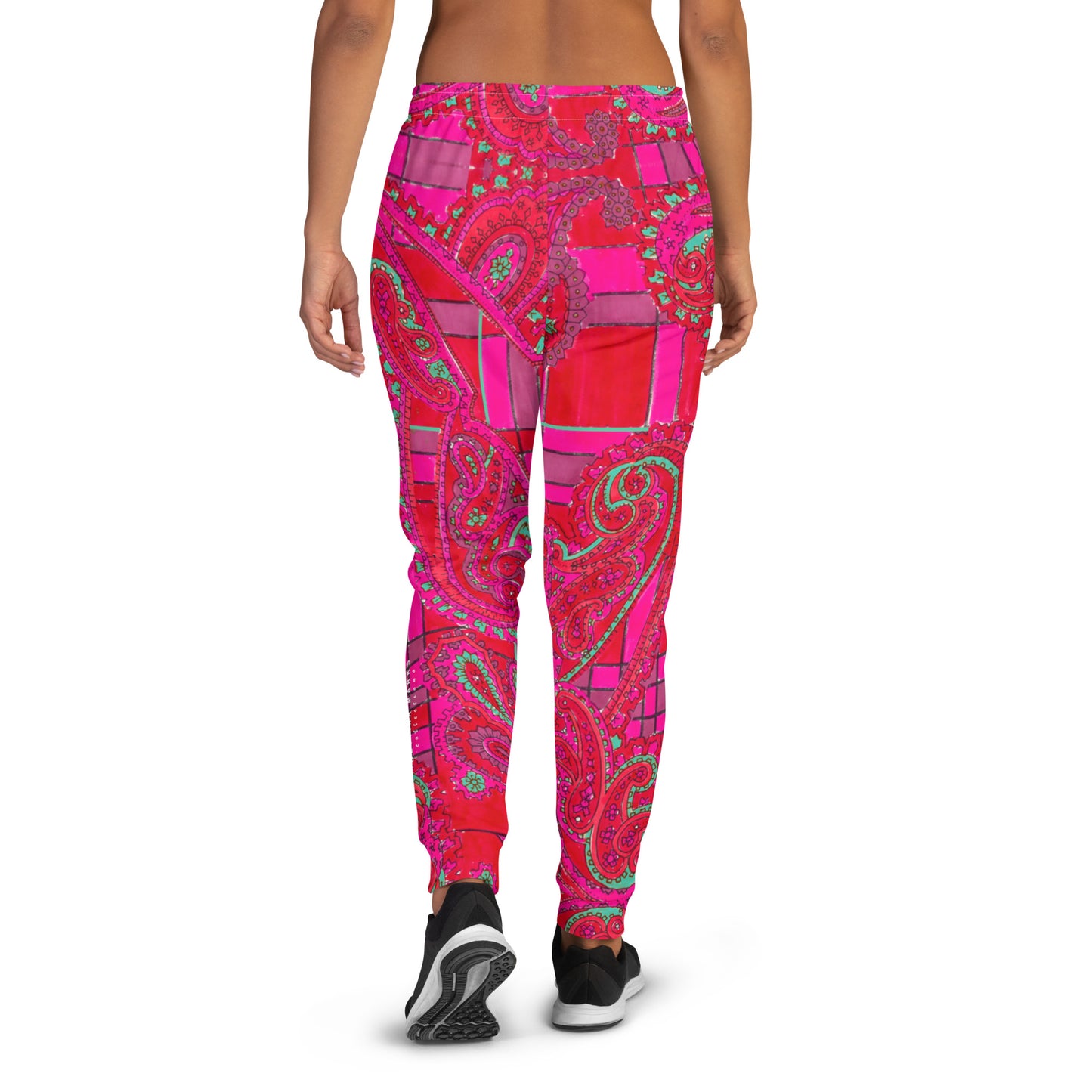 Bright Fuscia and Red Poppy Paisley on Plaid Men's Recycled Joggers