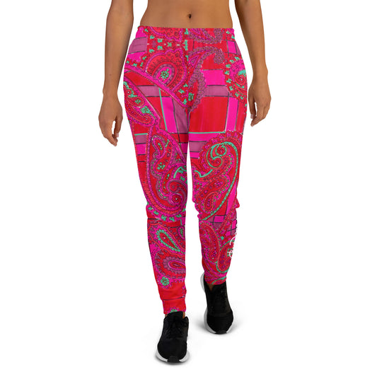 Bright Fuscia and Red Poppy Paisley on Plaid Men's Recycled Joggers