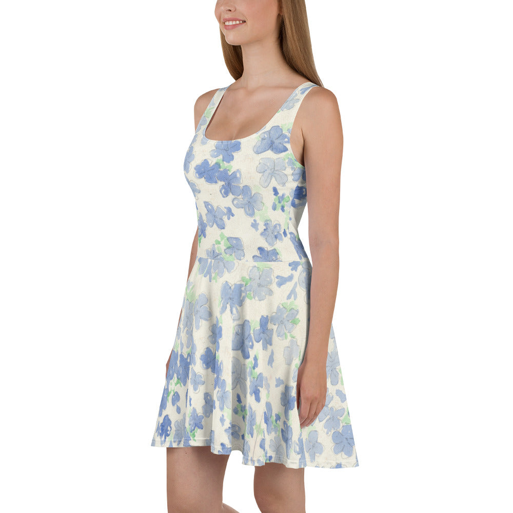 Blu&White Watercolor Floral Skater Dress