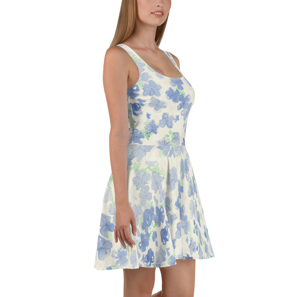 Blu&White Watercolor Floral Skater Dress