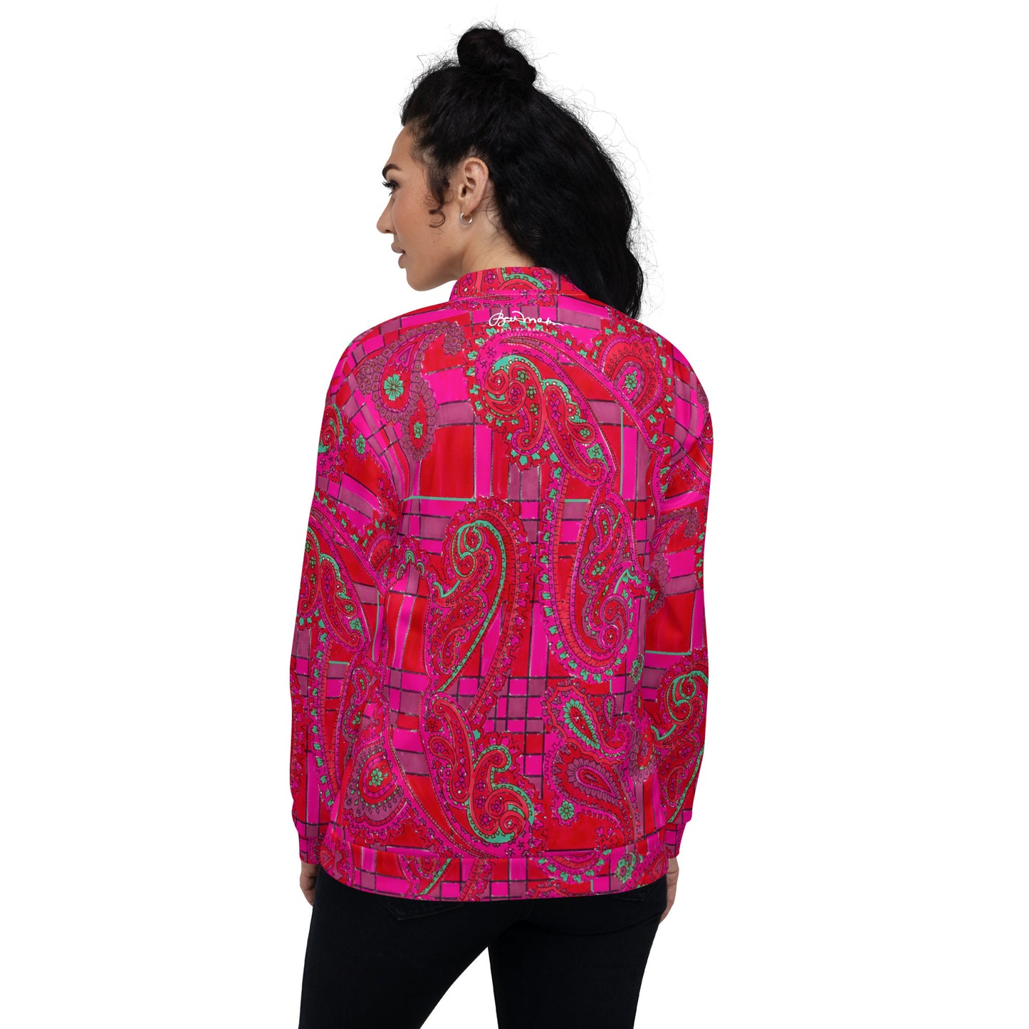 Recycled Unisex Bomber Jacket - Bright Fuscia and Red Poppy Paisley on Plaid - Women