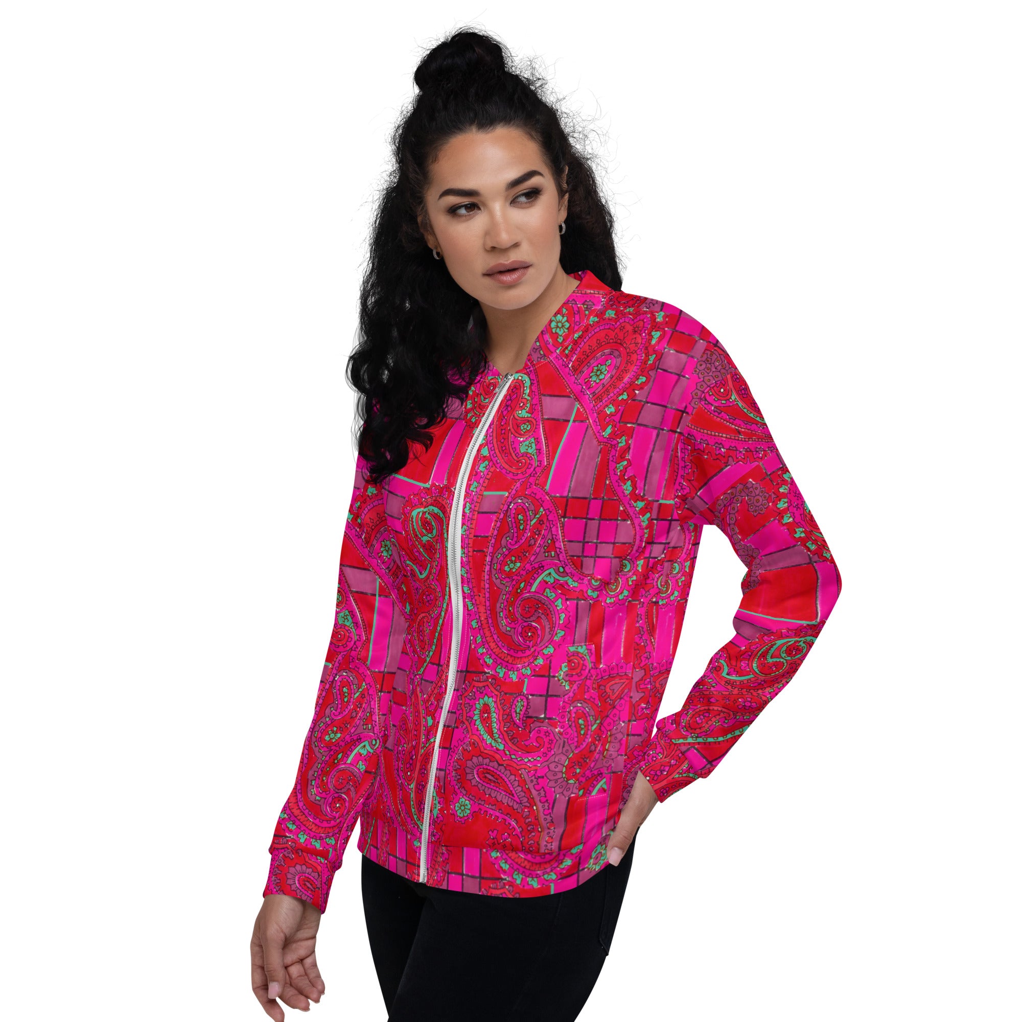 Recycled Unisex Bomber Jacket - Bright Fuscia and Red Poppy