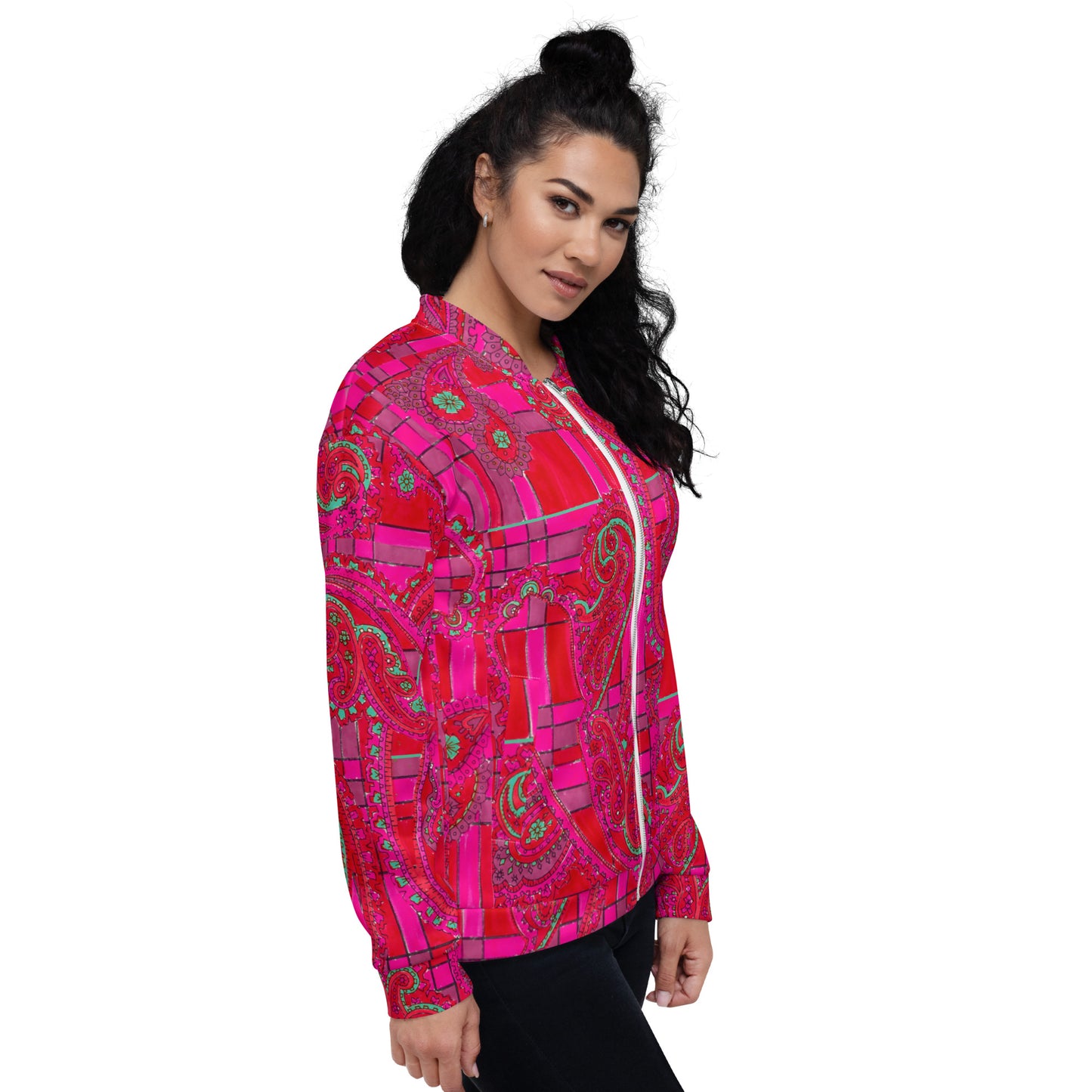 Recycled Unisex Bomber Jacket - Bright Fuscia and Red Poppy Paisley on Plaid - Women