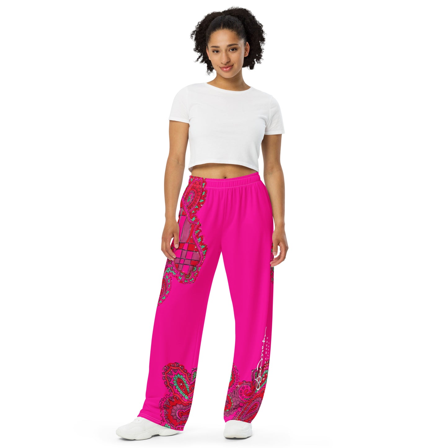 Wide Leg Pants Bright Fuscia and Red Poppy Paisley on Plaid - Women