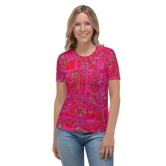 Bright Fuscia and Red Poppy Paisley on Plaid Women's T-shirt