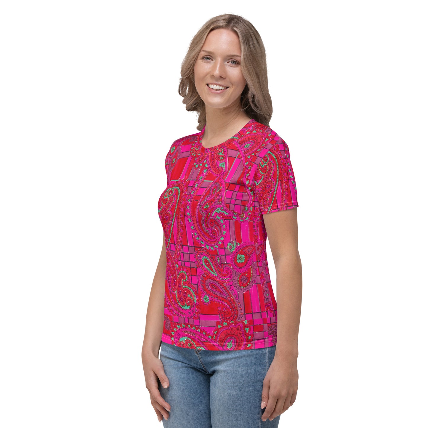 Bright Fuscia and Red Poppy Paisley on Plaid Women's T-shirt