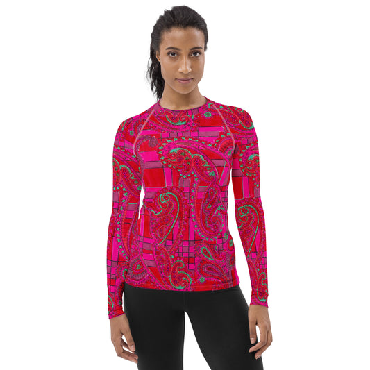 Bright Fuscia and Red Poppy Paisley on Plaid Long Sleeve Top
