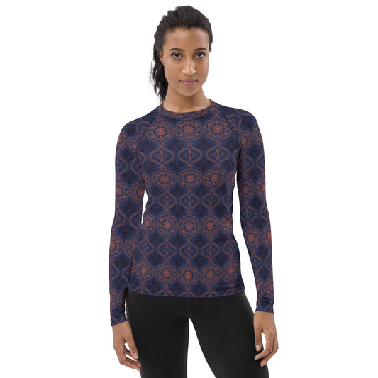 Sargasso Blue and Mellow Rose Damask Long Sleeve Top
