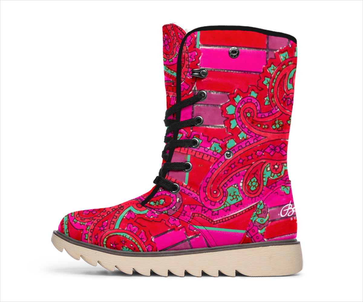 Bright Fuscia and Red Poppy Paisley on Plaid Polar Boots