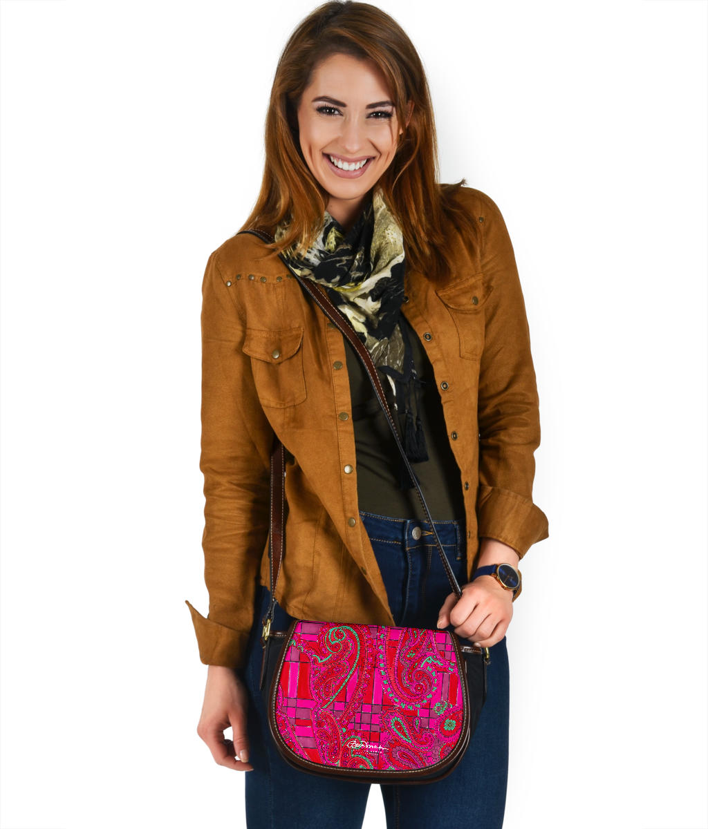 Bright Fuscia and Red Poppy Paisley on Plaid Saddle Shoulder Bag