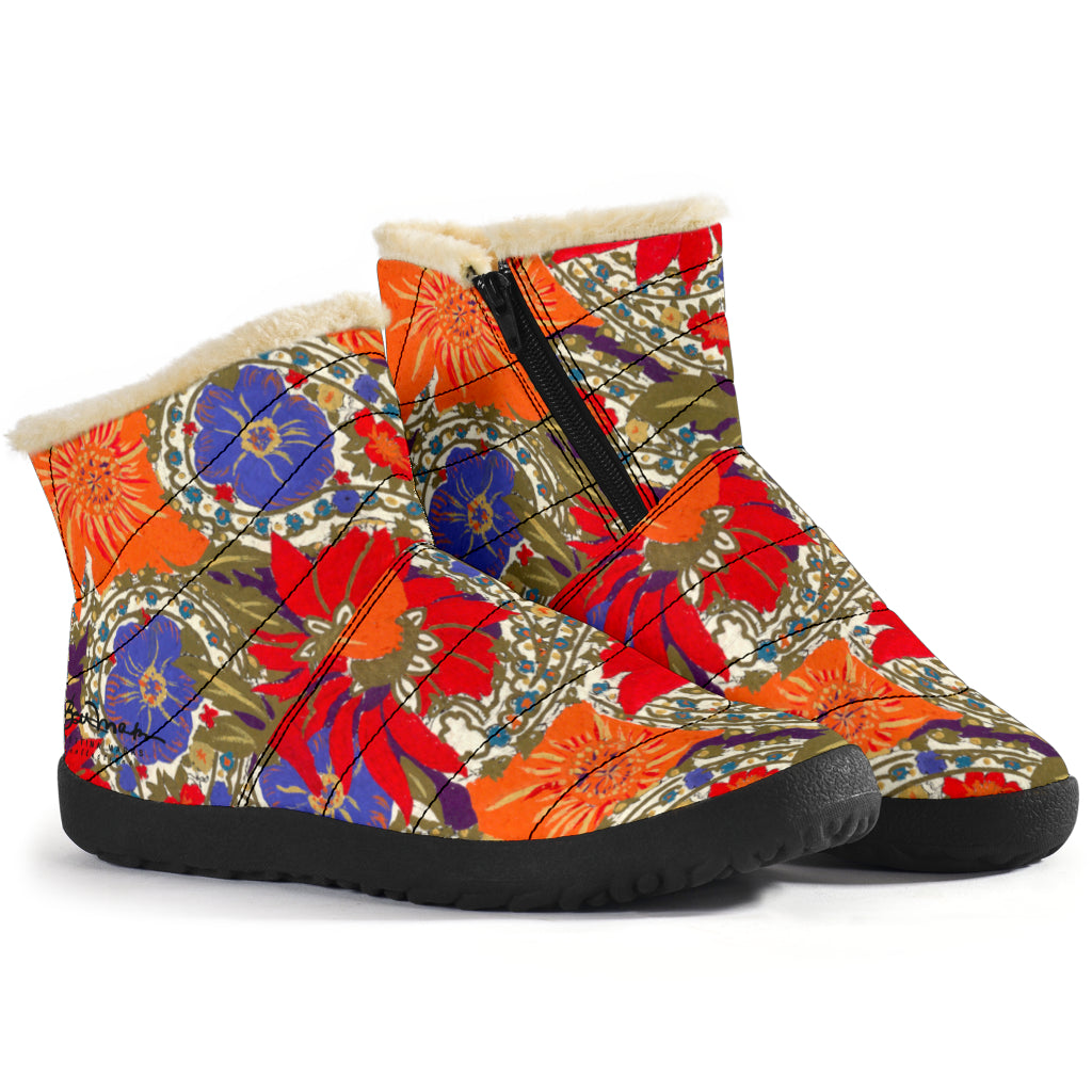 Orange Poppy Olive and Bright Sea Blue Paisley Winter Boots