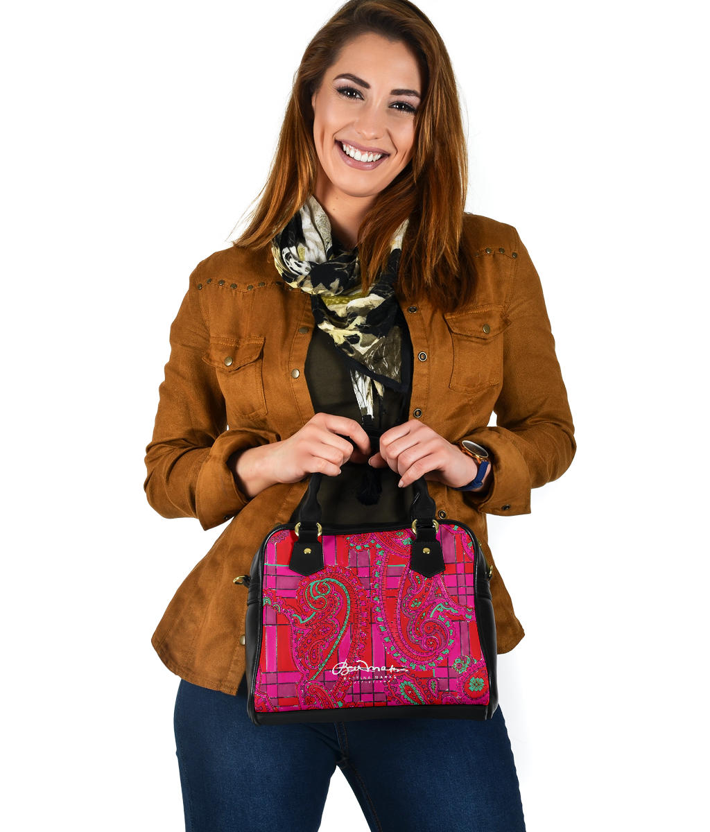 Bright Fuscia and Red Poppy Paisley on Plaid Hand Bag w Shoulder Strap