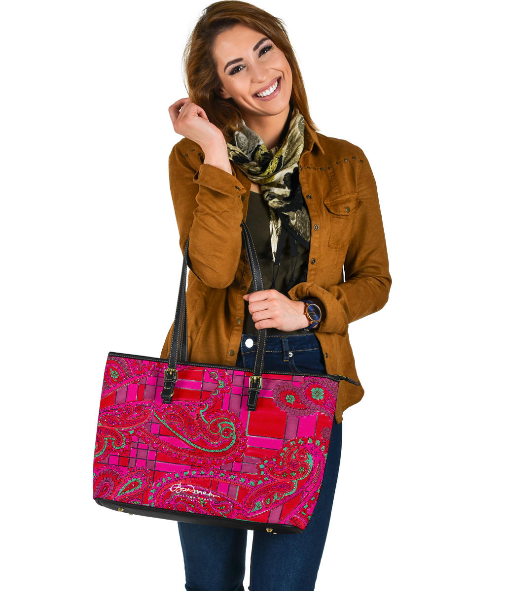 Bright Fuscia and Red Poppy Paisley on Plaid Large Tote Bag