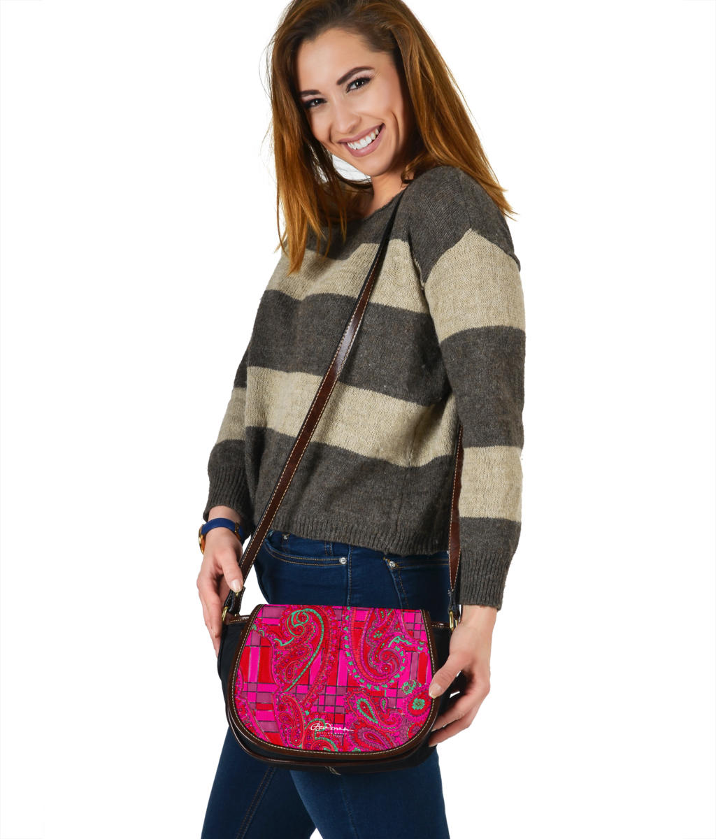 Bright Fuscia and Red Poppy Paisley on Plaid Saddle Shoulder Bag