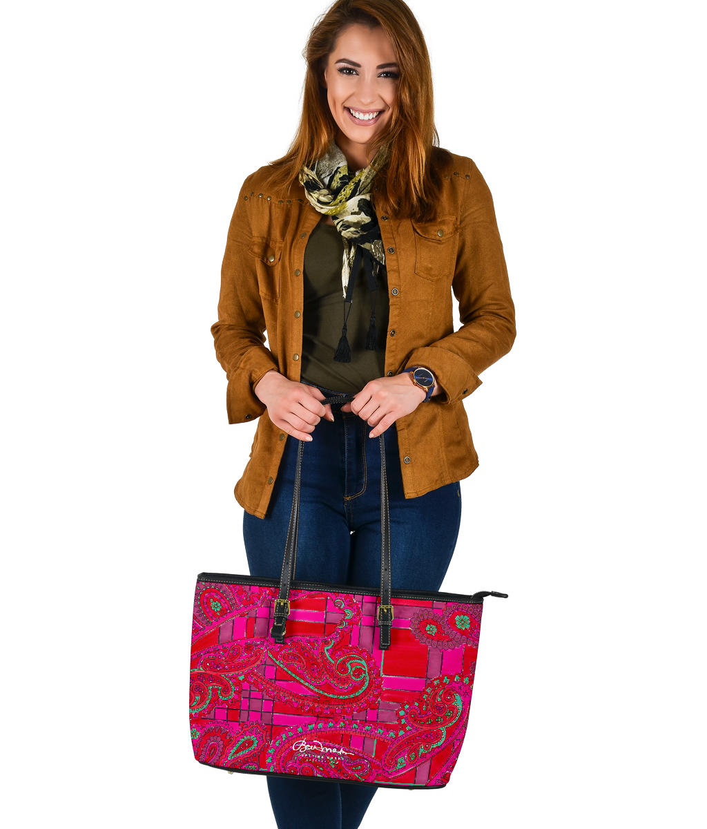 Bright Fuscia and Red Poppy Paisley on Plaid Large Tote Bag