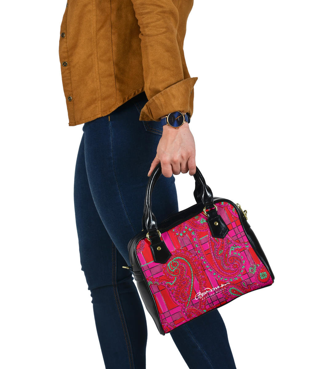 Bright Fuscia and Red Poppy Paisley on Plaid Hand Bag w Shoulder Strap