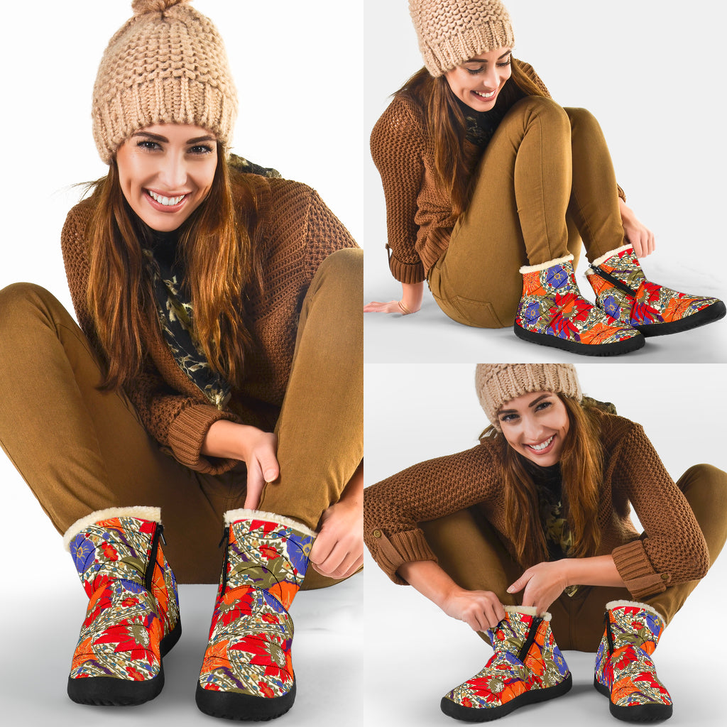 Orange Poppy Olive and Bright Sea Blue Paisley Winter Boots