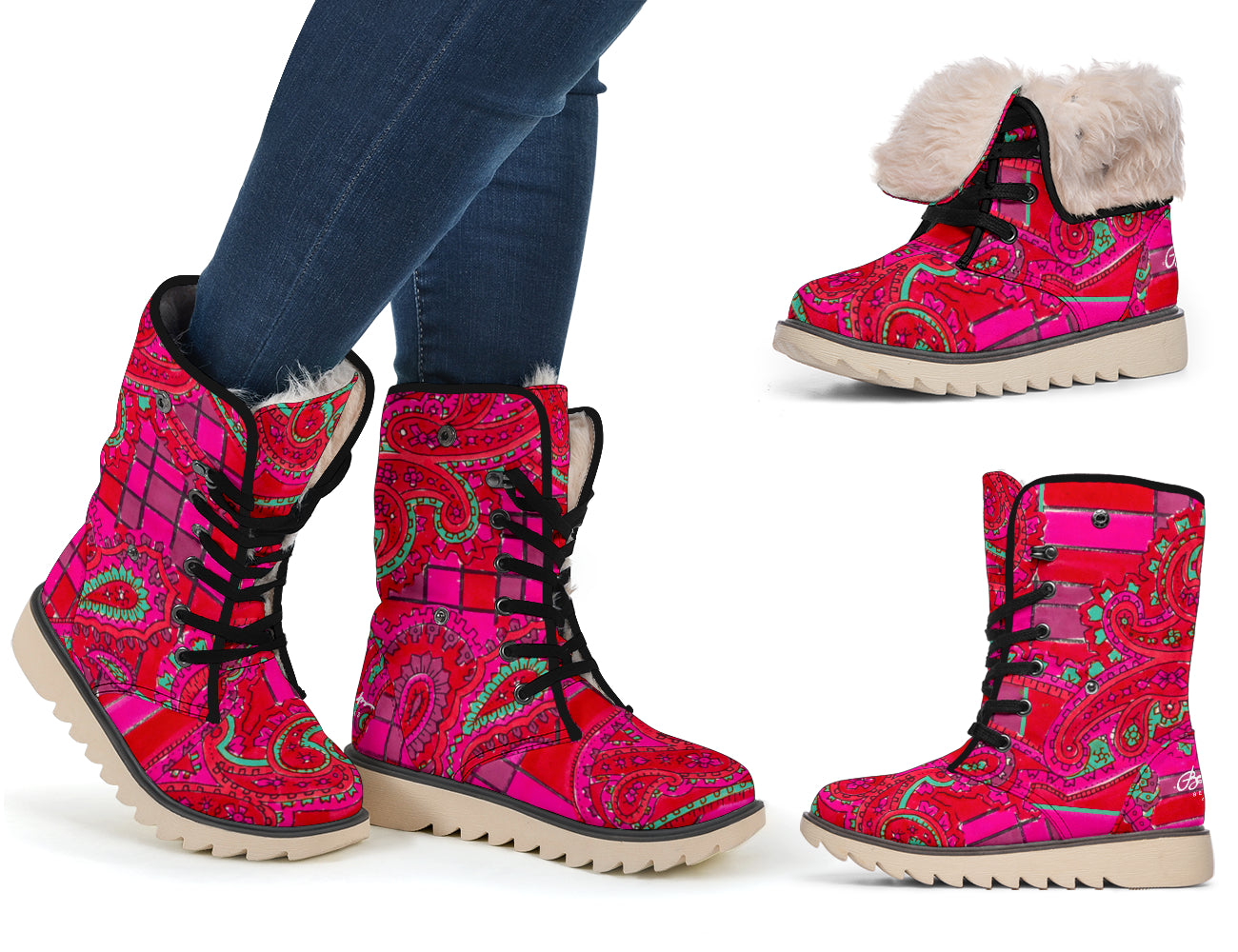 Bright Fuscia and Red Poppy Paisley on Plaid Polar Boots