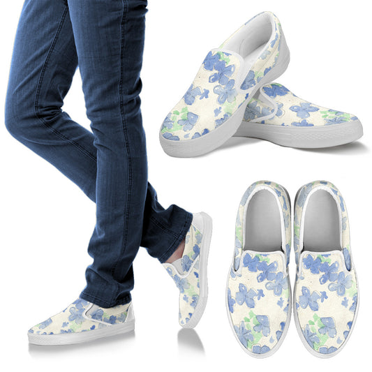 Blu&White Watercolor Floral Slip On Sneakers