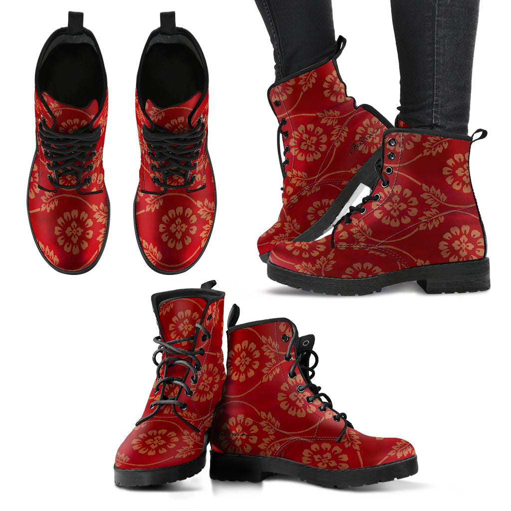 Red Pear and Almond Buff coloured Turkish Tapestry Leather Boots (Vegan)