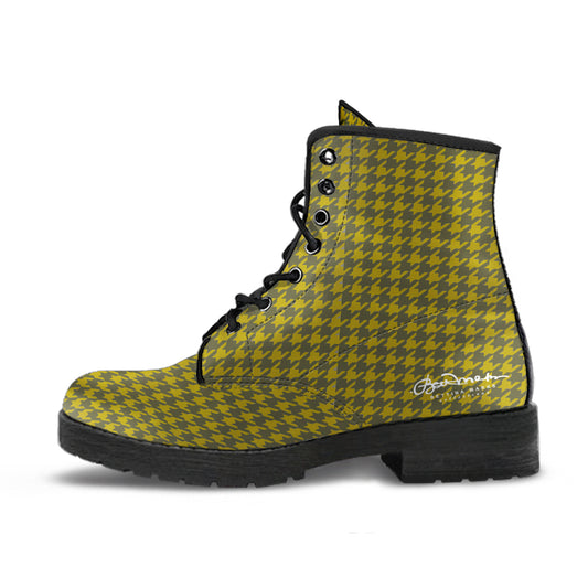 Olive Houndstooth Leather Boots (Vegan)