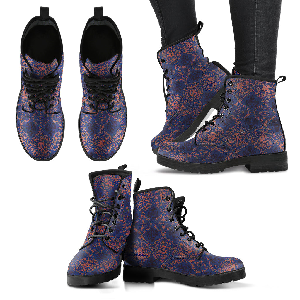 Sargasso Blue and Mellow Rose Damask Leather Boots (Vegan)