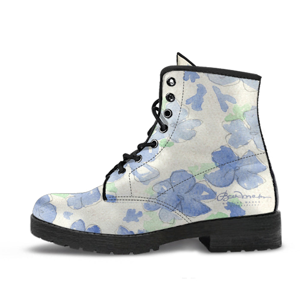 Blu&White Watercolor Floral Leather Boots (Vegan)