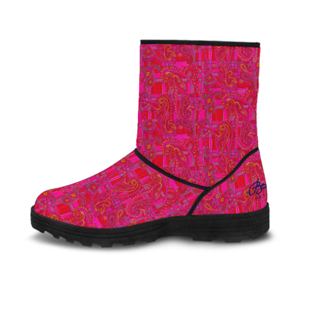 Faux Fur Bright Fuscia and Red Poppy Paisley on Plaid Boots