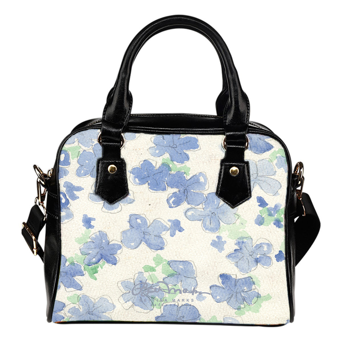 Blu&White Watercolor Floral Hand Bag w Shoulder Strap