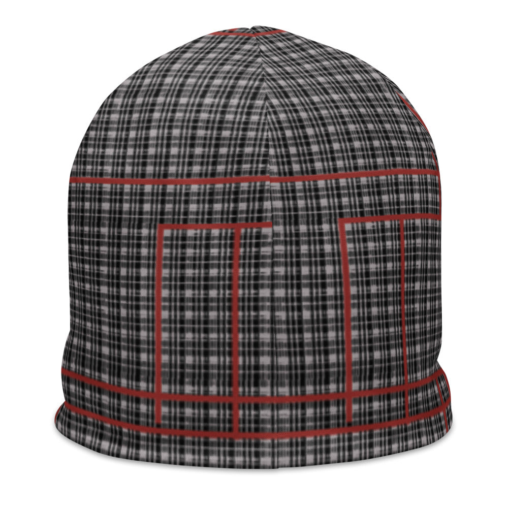 Grey Tight Plaid with Red Line All-Over Print Beanie