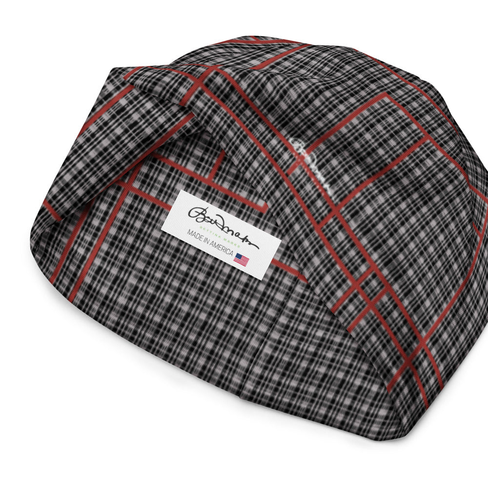 Grey Tight Plaid with Red Line All-Over Print Beanie