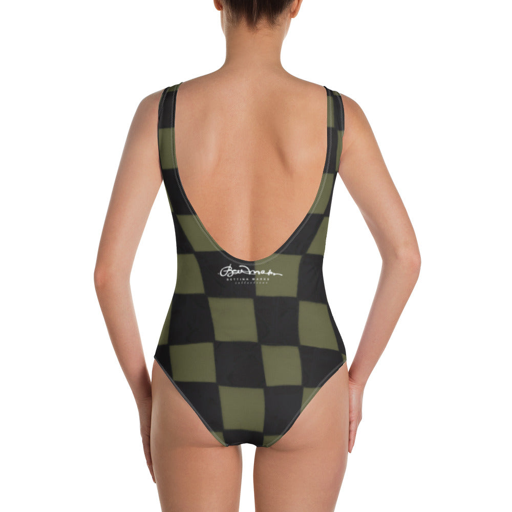 One-Piece Khaki Checkerboard Swimsuit