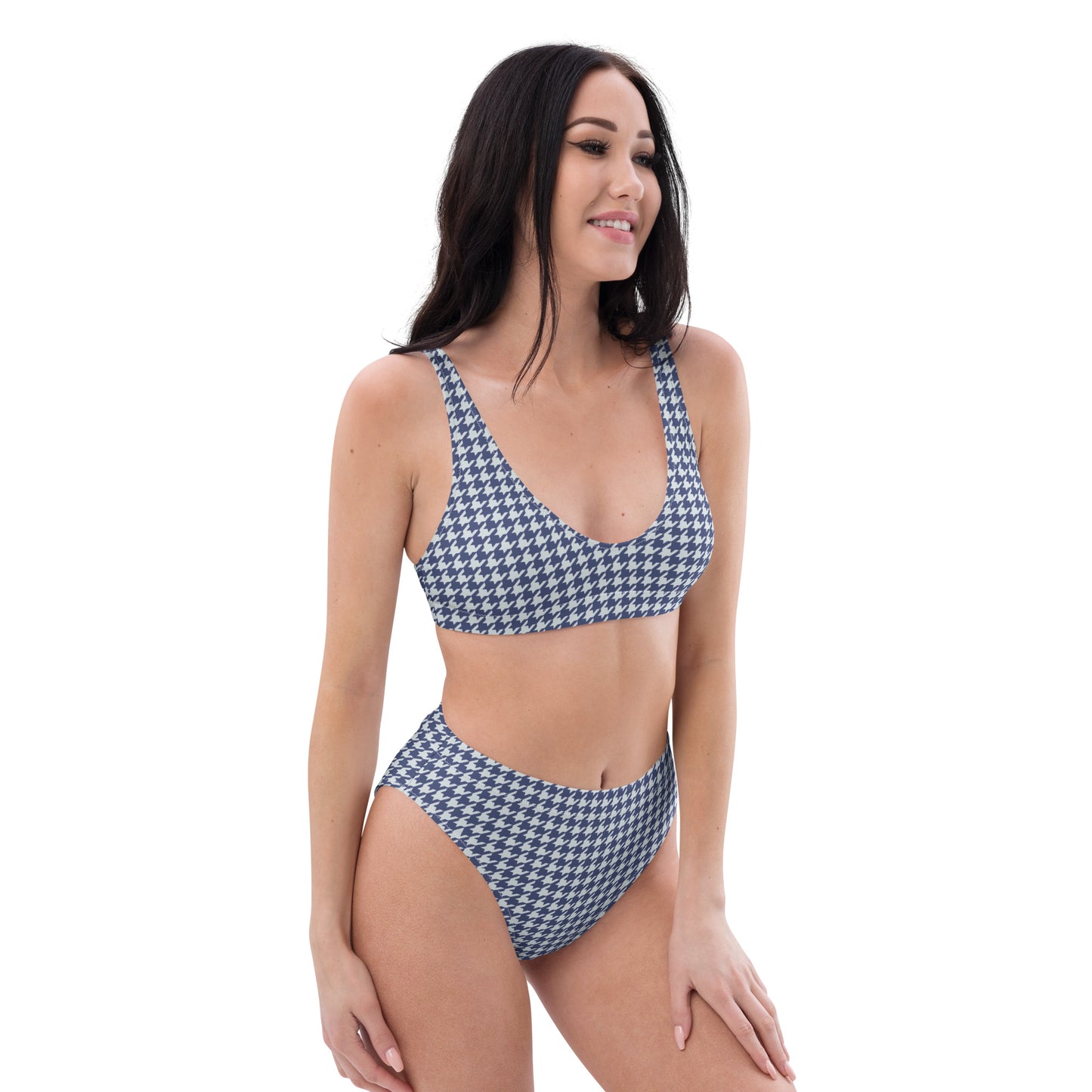 Navy Blue Houndstooth Recycled high-waisted bikini