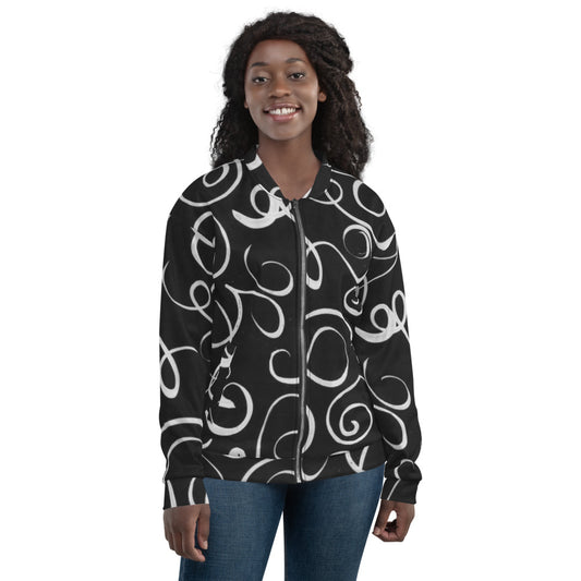 Recycled Unisex Bomber Jacket - B&W Squiggles - Women