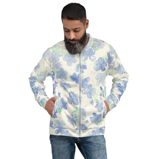 Recycled Unisex Bomber Jacket - Blu&White Watercolor Floral - Men