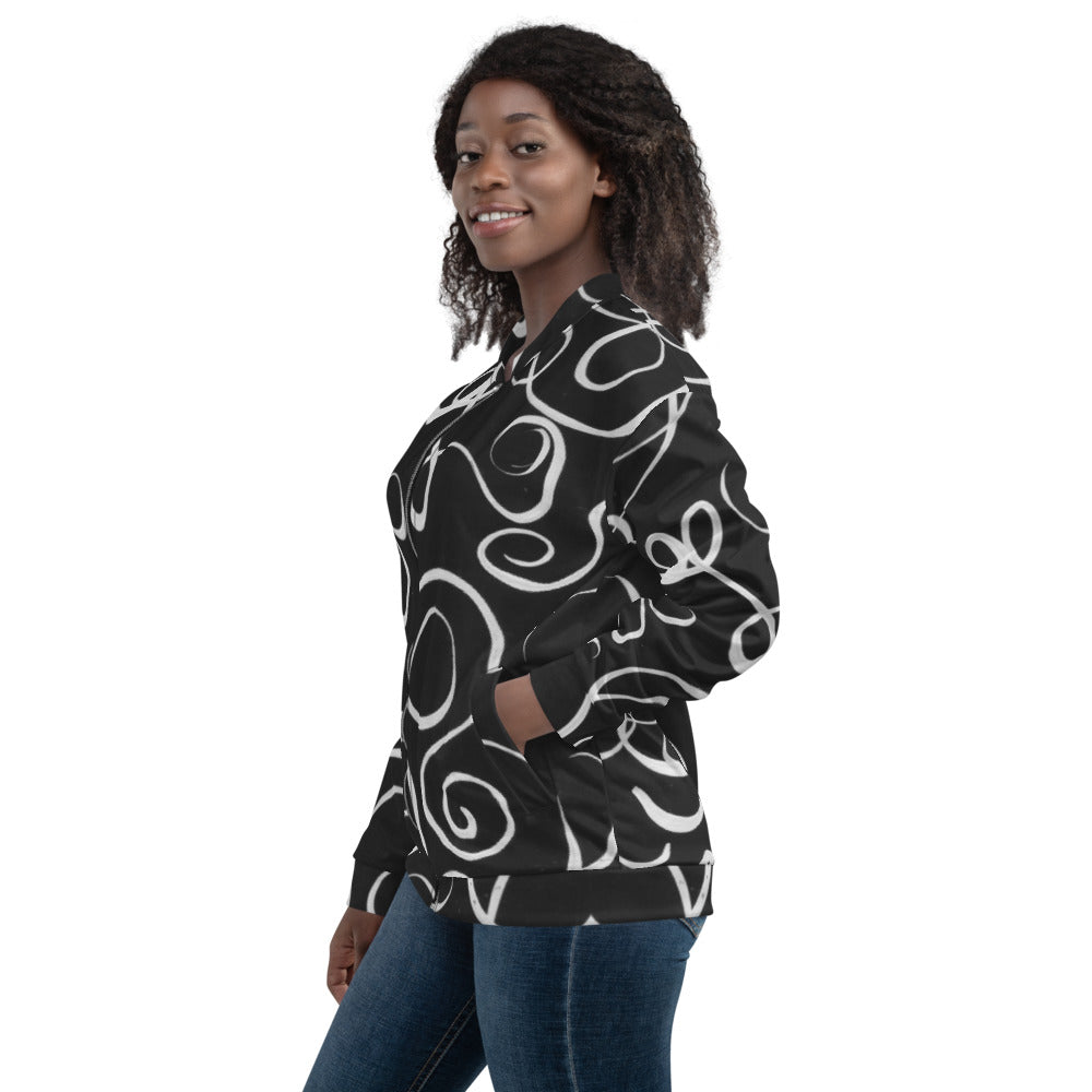 Recycled Unisex Bomber Jacket - B&W Squiggles - Women