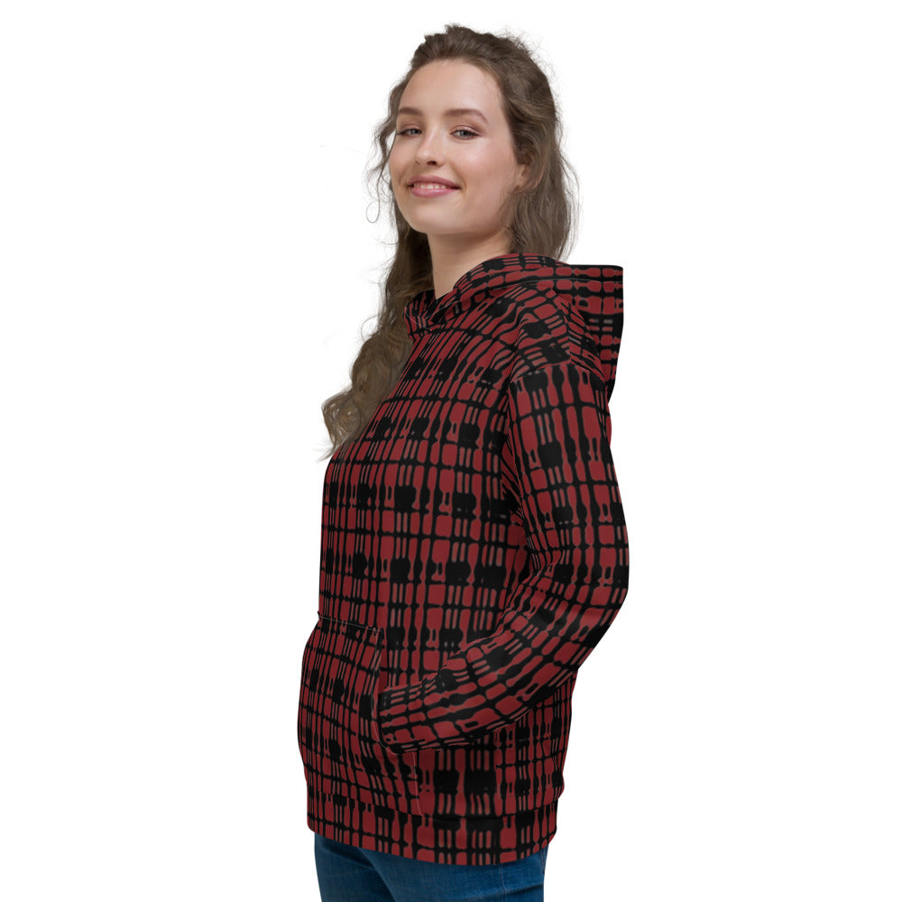 Recycled Unisex Hoodie - Black Red Tight Plaid - Women