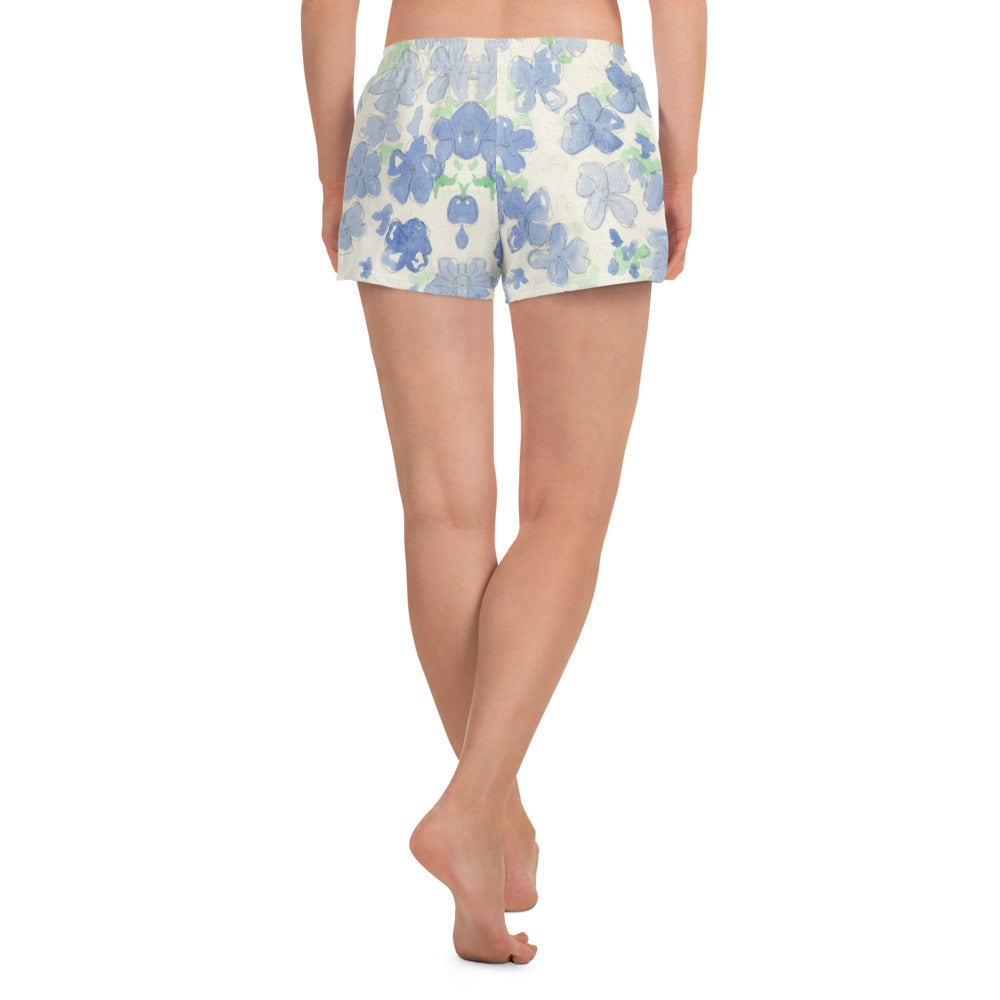 Women's Blu&White Watercolor Floral Athletic Shorts