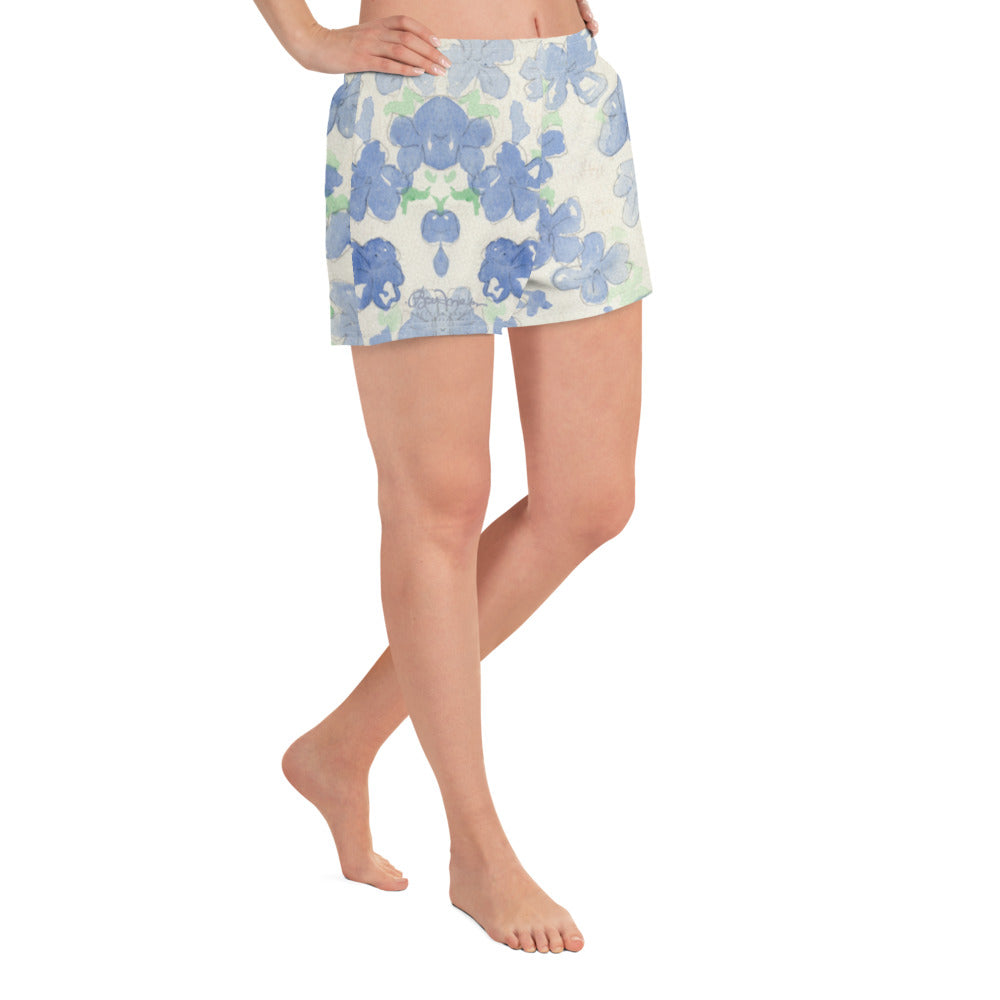 Women's Blu&White Watercolor Floral Athletic Shorts