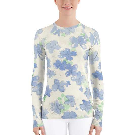 Blu&White Watercolor Floral Long Sleeve Tops