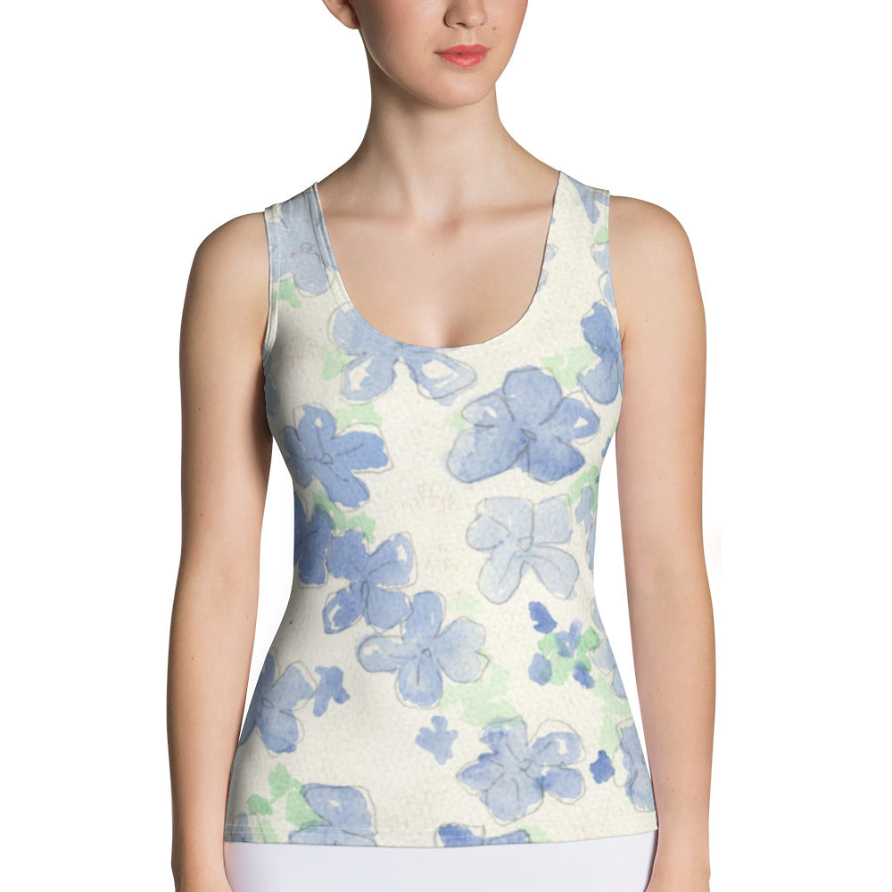 Blu&White Watercolor Floral Tank Top